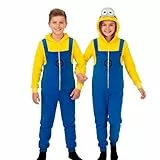 United Labels Minions Kostüm für Kinder, 122-128, Gelb Blau, Jumpsuit Unisex, Overall mit Kapuze, Einteiler für Karneval Mottoparty