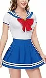 CutiePlusU Knopf im Schritt Onesie Erwachsene Baumwolle Strampler Bodysuit Cosplay Magical Sailor Kostüme Rock Set WhiteBlue M