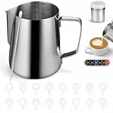 HOTUT Milchkännchen 600ml, Milchkanne Edelstahl 304, milchschaumkännchen mit Messung Mark und Latte Art Pen, Milch Pitcher Aufschäumer Kaffeetasse für Cappuccino, Espresso