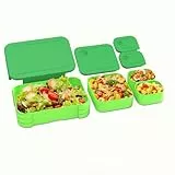 XJIANFU Brotdose Kinder mit Fächern, Auslaufsichere 3 In 1 Bento-Box, Kinder-Lunchbox,Auslaufsicher Fächern,Jausenbox Brotbox für,Mädchen & Jungen,Mikrowelle/spülmaschinenfest(Green)