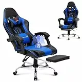 COLAMY Gaming Stuhl, Computer Stuhl mit Fußstütze und Lendenwirbelstütze, höhenverstellbarer Gaming Chair mit 360°-Drehsitz und Kopfstütze, Video Gamer PC Stuhl, Ergonomische hohe Rückenlehne, Blau