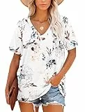 MOLERANI T-Shirts für Damen, Kurzarm, V-Ausschnitt, Sommeroberteile, lässig, lockeres T-Shirt, Blumenweiß, Größe XXL