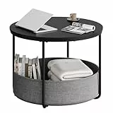 WLIVE Couchtisch Rund Weiss, Wohnzimmertisch mit Korb aus Stoff, Metallrahmen, Wohnzimmer Tisch für Couch, 60 Durchmesser Kaffeetisch für Wohnzimmer, Schlafzimmer (Schwarz, 60 Durchmesser)