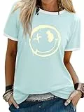 WIEIYM Tshirt Damen Rundhals Kurzarm T-Shirts Sommer T Shirts Brief Leichtes Shirt Gedruckt Lässig Tee Shirts Oberteile Tops Bluse,Himmelblau,M