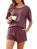 PrinStory Damen Pyjama Set Waffel Kurzarm Nachtwäsche Weich Pjs Loungewear Set mit Taschen (Ziegelrot, M)