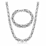 Krfy Kette und Armband Set Herren Edelstahl Königskette Silber 8mm Breite Byzantinische Plattenkette Dicke Schwere Kette Hip Hop Punk Schmuck für Männer Jungen Länge 51cm