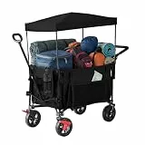 Relaxdays Bollerwagen, faltbar, 150 kg, Dach, Teleskop- & Schiebegriff, Gummireifen mit Bremse, Transportwagen, schwarz