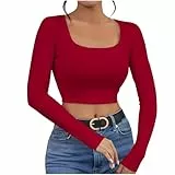 UHouse Langarmshirt Damen Crop Top Langarm T-Shirt U-Ausschnitt T Shirt Sexy Tshirt Stretch Oberteil Elegant Longsleeve Bauchfreie Oberteile Slim Fit Tee Shirt Y2k Bluse Angebote Wassermelone Rot M