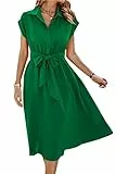 ASOMI Sommerkleid Damen Hemdkleid Kurzarm: Elegant Kurzarm Strandkleid Büro Wickelkleid Mode Tasche Hemdblusenkleid Lässig Blusenkleid Midikleid Knopf Plisseekleid V-Ausschnitt Gürtel A-Grün L