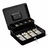 Amazon Basics Geldkassette mit Schloss, Schlüssel und Geldablage, 9 x 30 x 24 cm (H x B x T), Schwarz