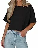 Imily Bela T-Shirt Damen Sommer Kurzarm Basic Crop Tops Casual Oversize Sport Oberteile(Schwarz,XL)