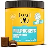 ivvi Pill Pockets für Hunde – Weiche Snacktaschen zum Verstecken von Tabletten & Kapseln – mit Huhn, Kürbis, Eibischwurzel & Ulmenrinde – einfache Medikamentengabe – 270 g, 60 Snacks