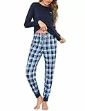 Bresdk Pyjama Damen Schlafanzug Lang mit Taschen Hausanzug Kuschelig Loungwear Blau XXL