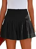 Tincini Shorts Damen Sommer Baumwolle Elastisch High Waist Kurze Hosen Causal Rüschen Strandshorts Einfarbig Freizeit Shorts Sweatpants (Schwarz, XL)