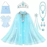AOOWU ELSA Prinzessin Umhang Kinder Mädchen, 11PCS ELSA Prinzessin Kostüm mit Krone,Zauberstab,Handschuhe,Halskette,Ring Ohrringe,Armband,Taschen, Halloween Kostüm Umhang,für Karneval Cosplay Party(M)