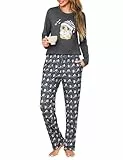 Demegimi Damen Schlafanzug Lang Baumwolle Pyjama Zweiteiler mit Eule Langarm Nachtwäsche Schlafanzug Damen für Herbst und Winter