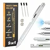 9 In 1 Multifunktions Kugelschreiber, Metall Druckkugelschreiber, Stift Geschenke für Männer, Taktischer Stift mit LED für Herren Vatertag Geschenk, Weihnachts (Silber)