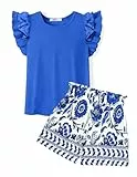 Arshiner Bekleidungssets Mädchen Sommer Ärmelloses T-Shirt mit Shorts Outfit Kinder Baumwolle Kleidung Set Casual Mode Zweiteiler Mädchenkleidung mit Tasche Blau 11-12 Jahre
