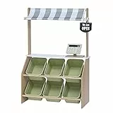 Teamson Kids Little Helper Pretend Play Holzmarkt Lebensmittelständer Rollenspiel-Spielzeug-Set für Kinder mit interaktiven Funktionen & 6 Zubehör Grün TD-13638A