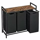 VASAGLE Wäschekorb 3 Fächer, Wäschesammler mit Ablage, Wäschebox, Wäschesack aus Oxford-Gewebe abnehmbar, Metallrahmen, 3 x 40 L, 92,5 x 33 x 72 cm, tintenschwarz-vintagebraun BLH301B01