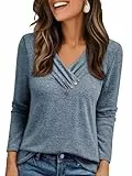 Cuptacc Pullover Damen Herbst Winter Thermo Lange V-Ausschnitt Langarm T-Shirt Mit Knopf Einfarbig Elegant Casual Oberteil Damen Marineblau M Mittel