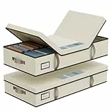LAMU 2 Stück Unterbettkommode, Unterbett Aufbewahrungsbox mit Deckel Große, Faltbare Kleider Aufbewahrungstasche mit Sichtfenster und 4 Griffen für Bettdecken, Kleidung, Schuhe, Beige, 80x40x15cm