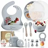 O'doe 17-teilig Baby LED-Entwöhnungszubehör für Kleinkinder, Babyfütterungsset | Saugnapf-Silikon-Babyschale, selbstverzehrende Utensilien mit Löffeln, Tassen, Lätzchen, Essteller-Set mit