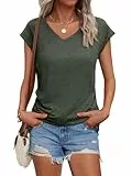 Cuptacc Tops Für Damen T Shirt V-Ausschnitt Oberteile Damen Bluse Kurzarm Sexy Top Sommer Armeegrün XL 46-48