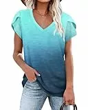 PLOKNRD Damen Tops V-Ausschnitt Blütenblatt Ärmel T-Shirt Sommer Freizeit Kurzen Ärmeln Strand Oberteile Farbverlauf Blau XXL