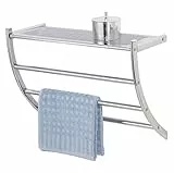 WENKO Exclusiv Wandregal Pescara mit Ablage zum Abstellen von Badutensilien und 3 Handtuchstangen für Handtücher, Gebogene Form für luftige Zwischenräume beim Aufhängen, 56 x 46 x 21,5 cm, Chrom