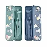 Besteck Set 2 Personen mit Süßes Kaninchenmuster, Campingbesteck & Reisebesteck - Robust, Tragbar und Wiederverwendbar, Reisebesteck mit Etui für Camping Geburtstagsfeier Schule Arbeiten (Blau + Grün)