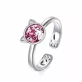 Katze Ring für Damen 925 Sterling Silber Rose Kristall Pfotenab Drücke Kätzchen Verstellbarer Ring für Mädchen Katzen Liebhaber