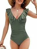 Durio Badeanzug Damen Bauchweg Push up Rüschen Sexy V Ausschnitt Einteilige Bademode Swimsuit Armeegrün XL