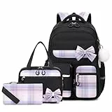 Amythe Schultasche Mädchen Set, Schulrucksack Mädchen 3 Teilig mit Lunchtasche Federmappe, Schulranzen für Mädchen der 3. bis 5. Klasse, Niedlicher Lässiger Kinderrucksack, Schwarz