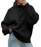 Imily Bela Damen Pullover Oversized Rollkragen Strickpullover mit Seitenknöpf Lose Grobstrick Pulli Casual Fledermaus Sweater,Schwarz,L