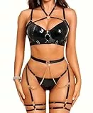 RSLOVE Damen Dessous Set mit Strapse - Sexy Unterwäsche BHS und Slips Reizwäsche 6-Teilig Glänzend Schwarz M