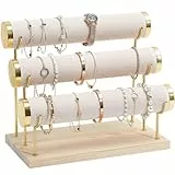 ProCase 3 Etagen T-Form Armbandhalter, Abnehmbare Armband Halterung Schmuckhalter, Samt Wrap Armbandständer Uhrenständer Aufbewahrung mit Holzsockel für Armreifen Armbänder Haarklammern Uhren -Beige