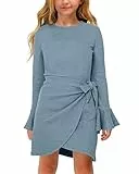 Haloumoning Mädchen Kleid Langarm Elegant Rüschen Strickkleid Rundhals Kinder Einfarbige Midikleid,Blau,11-12 Jahre
