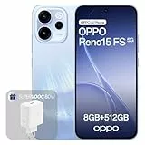 OPPO Reno15 FS 5G Unlocked Smartphone, 8+512GB, 50MP Ultra-Weitwinkel Selfie Kamera FOV 100°, 6.57' 120Hz Display, AI Portrait Glow, 6500mAh Akku, IP69, Aurora Blue (Inkl. 80W SUPERVOOC Ladegerät)