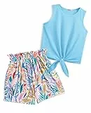 Arshiner Mädchen Tanktops mit Shorts Set Kinder Sommer Bekleidungssets Lässige Mode Ärmelloses T-Shirts Kleidung Anzug für Mädchen 9-10 Jahre Himmelblaues Blatt