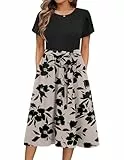 Zeagoo Damen Kleider Sommer Rundhals Blumenmuster Strandkleid Casual Wickelkleid mit Taschen Elegant Swing Kleid Knielang Kurzarm A Linie Business Kleider Florale XXL