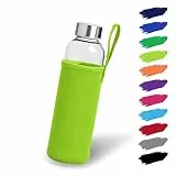 NOMA Glasflasche 0,5l mit Neoprenhülle | Trinkflasche aus Glas in 500ml, 600ml & 1000ml mit Schutzhülle und Edelstahldeckel | Wasserflasche für Sport, Büro, Schule & Outdoor | Hellgrün