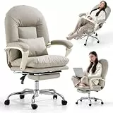 EMIAH Ergonomischer Bürostuhl mit Fußstütze, Verstellbarer Schreibtischstuhl PU Leder, Bequeme Moderne Kosmetikstühle mit Rollen, Mid-Back Cute Computer Stuhl für Zuhause Belastbar bis 150kg, Beige