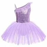 IWEMEK Kinder Ballettkleidung Mädchen Ballettkleid Ärmellos Rüsche Pailletten Balletttrikot Ballettanzug Tanzkleid Tanzbody mit Tütü Rock Ballettrock Gymnastik Tanzbekleidung Violett 5-6 Jahre