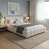 Juskys Polsterbett Florenz 140 x 200 cm – Bouclé, modernes Bett mit Kopf- & Fußteil, stabilem Holz- & Metallrahmen, Lattenrost, 500 kg Tragkraft – Creme