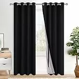 XWZO 100% Blickdicht Vorhänge, Doppellagige Dicker Verdunklungsvorhänge mit Ösen, Schallschutz Thermovorhänge 2er Set Schlafzimmer Gardinen, Blackout Curtain, 200x140 cm(HöhexBreite), Schwarz