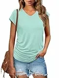 WIHOLL T-Shirts für Damen, V-Ausschnitt, Sommer-Top, Damen, Flügelärmel, Basic-T-Shirts, verstecken Bauch, lockere Passform, lässiges T-Shirt, seitliche Raffung, Meeresschaumgrün, S