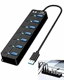7 Port USB Hub 3.0, USB Port Verteiler Multiport Adapter Mehrfach mit Separater Schalter und LED Anzeigen Splitter 5Gbps Data DC 5V Datenhub für PC, Laptop, MacBook und weitere USB Geräte