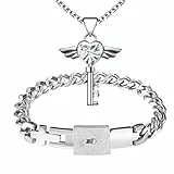 Flongo Pärchen Schloss Schlüssel Schmuckset: Silber Paare Armband Halskette Set Damen Kette mit Herz Flügel Anhänger Herren Cuban Lock Armkette Edelstahl Geschenk für Partner Weihnachten Valentinstag