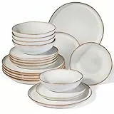Onader Geschirrset 6 Personen, 18 Teiliges Tafelservice Steingut Set, Unregelmäßig Rund Müslischalen Dessertteller Speiseteller, Anti-Kratzer & Mikrowellenfest, Reaktives Perlweiß